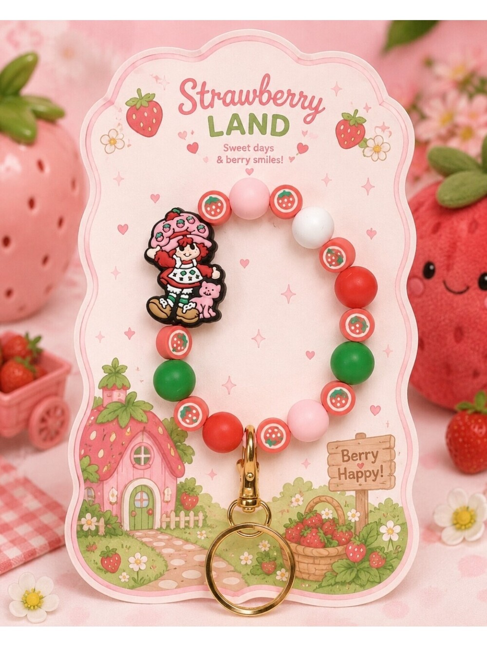 Strawberry Shortcake Beaded Charm Bracelet Keychain Tote Accessory